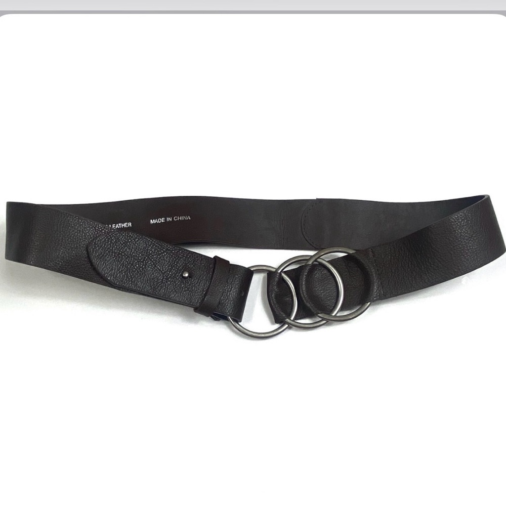J. JILL || Black Leather Belt with Silver Triple Rings. Sz. M - 42”(39.5” Holes)